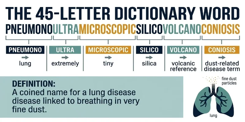 Infographic showing pneumonoultramicroscopicsilicovolcanoconiosis, a 45-letter word commonly cited as the longest word in major English dictionaries, with a short explanation of its meaning.