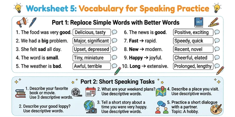 English Vocabulary Development: A Practical Guide For Learners The best practice work sheet of vocabulary for speaking. Replace simple words with better words.