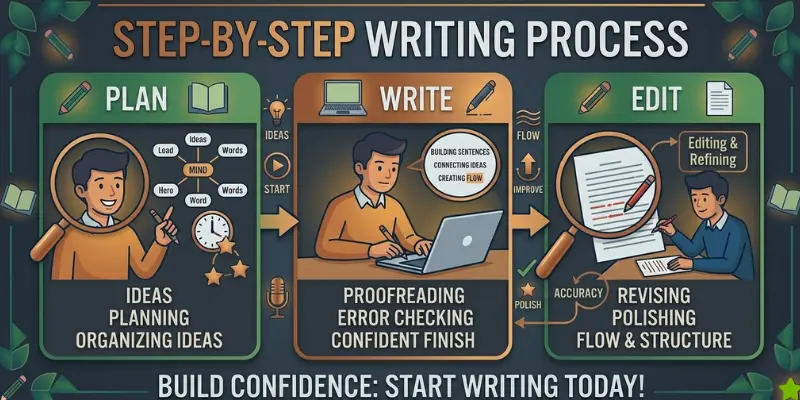 a simple step-by-step diagram showing the writing process Including the steps like plan, write, edit and proofreading.