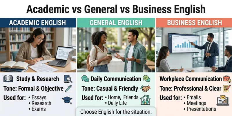 Academic English: Meaning, Purpose, Skills, Examples &Amp; How To Improve Academic English vs General English vs Business English comparison.