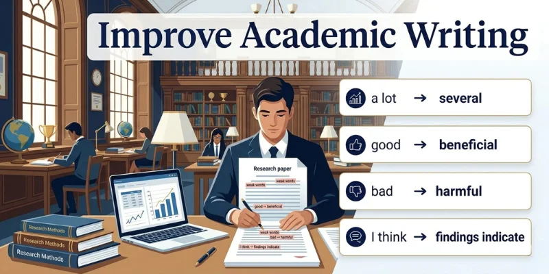 Words To Avoid In Writing: The Complete Guide To Clear, Confident, And Effective English Academic writing infographic showing how to replace weak vocabulary with precise formal language for essays and research papers.