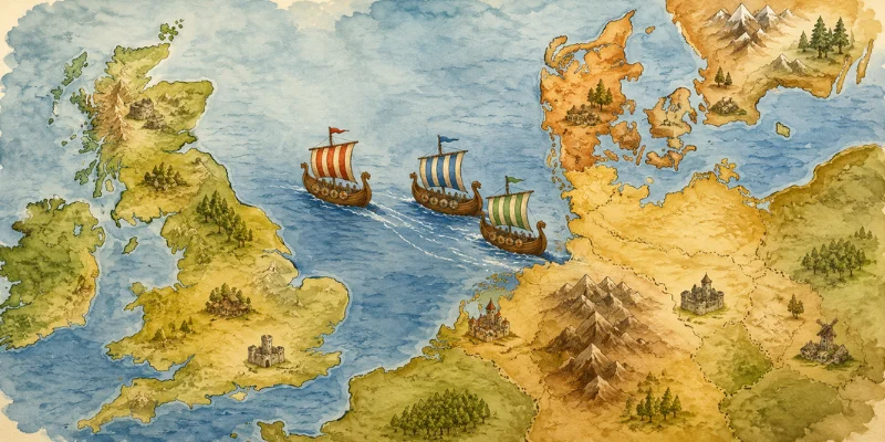 History Of The English Language: The Story Behind The Words You Use Every Day A illustrated map showing the Angles Saxons and Jutes
crossing the North Sea from Germany and Denmark to
Britain in 450 AD