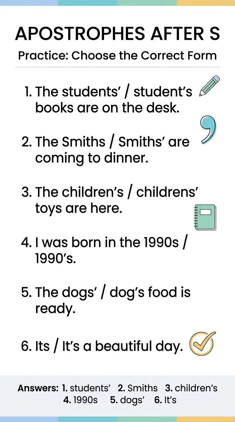 Apostrophes after S practice worksheet with grammar exercises and answers