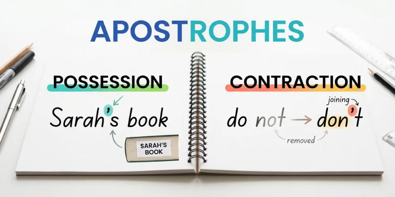 Apostrophes used for possession and contractions with examples