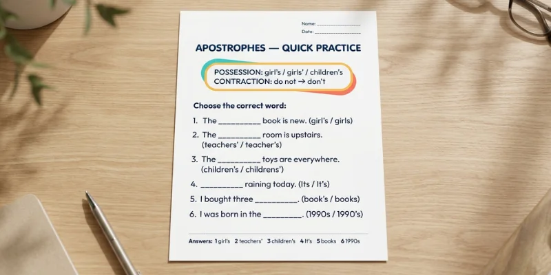 Apostrophes practice worksheet with possession and contraction exercises
