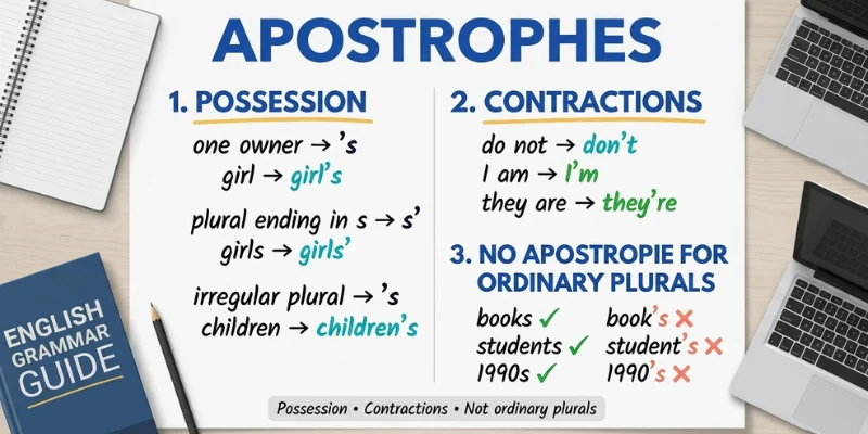 Apostrophes quick reference showing possession contractions and plurals