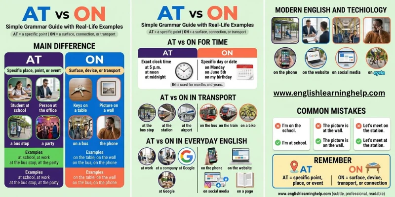 At Vs On: Master This English Preposition Rule Today With Real-Life Examples Complete At vs On grammar infographic explaining place, time, transport, technology, common mistakes, and memory rules