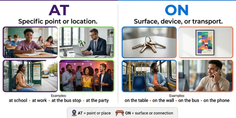 At Vs On: Master This English Preposition Rule Today With Real-Life Examples At vs On comparison showing at for a specific point and on for a surface, device, or transport