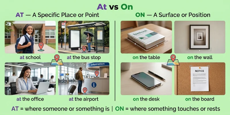 At Vs On: Master This English Preposition Rule Today With Real-Life Examples At vs On place examples showing at school, at the office, at the bus stop, on the table, and on the wall