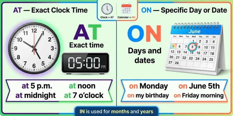 At Vs On: Master This English Preposition Rule Today With Real-Life Examples At vs On for time showing exact clock times with at and days or dates with on