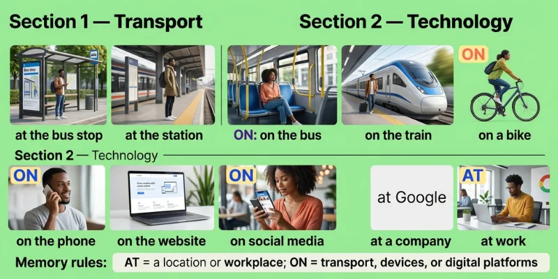 At Vs On: Master This English Preposition Rule Today With Real-Life Examples At vs On examples for transport and technology, including at the bus stop, on the bus, on the phone, and on a website