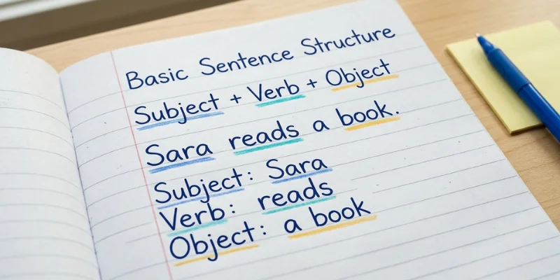 Handwritten English grammar notes showing subject, verb, and object in a simple sentence