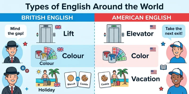 The English Language Explained: Types, History, And Global Power Comparison infographic showing differences between British English and American English vocabulary and spelling.
