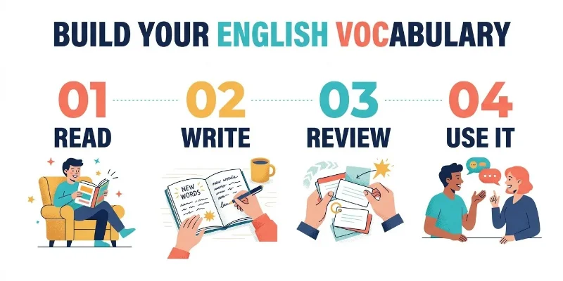 Four-step vocabulary infographic showing reading, writing, reviewing, and using new words.
