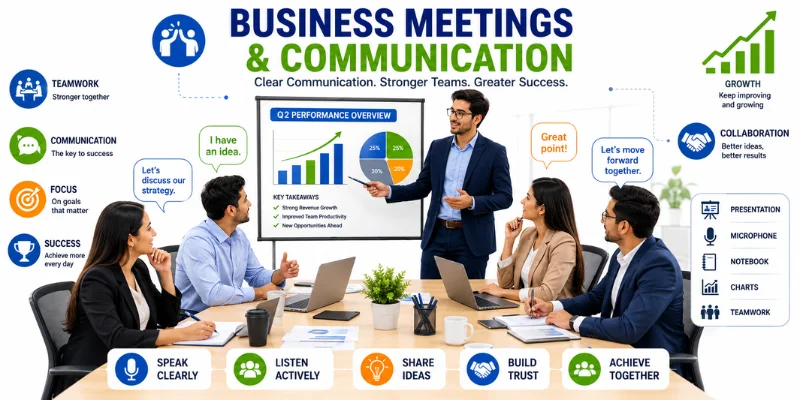 Business English meeting with colleagues discussing ideas, presentation board, teamwork, speech bubbles, charts, laptops, and professional communication.