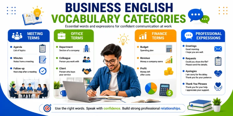 Business English vocabulary categories including meeting terms, office vocabulary, finance terms, and professional expressions.