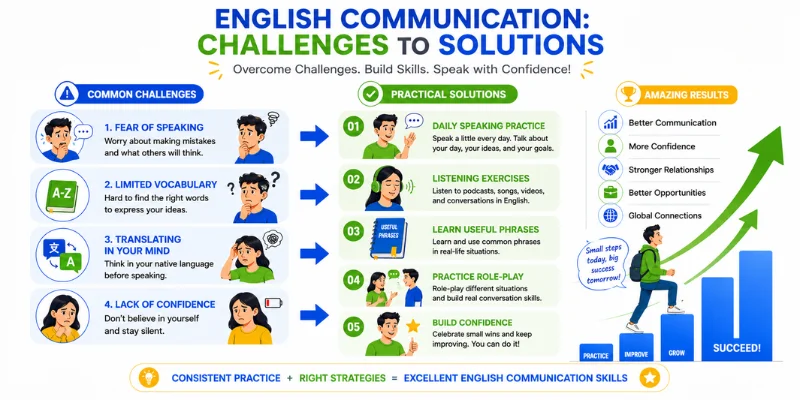 Educational infographic showing common English communication problems with practical solutions for improving confidence and fluency.