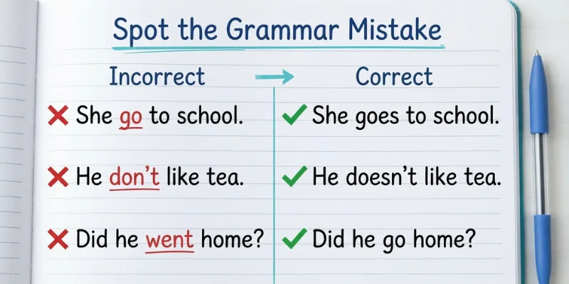 English grammar worksheet comparing incorrect and correct sentences for beginners