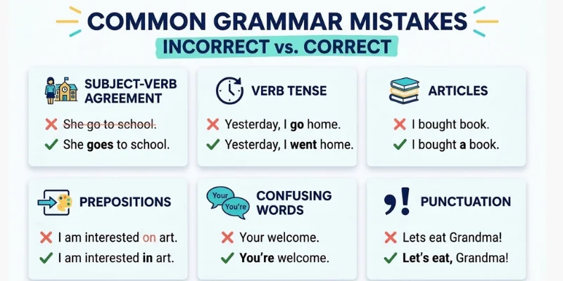Infographic showing common English grammar mistakes in verbs, tenses, articles, prepositions, confusing words, and punctuation