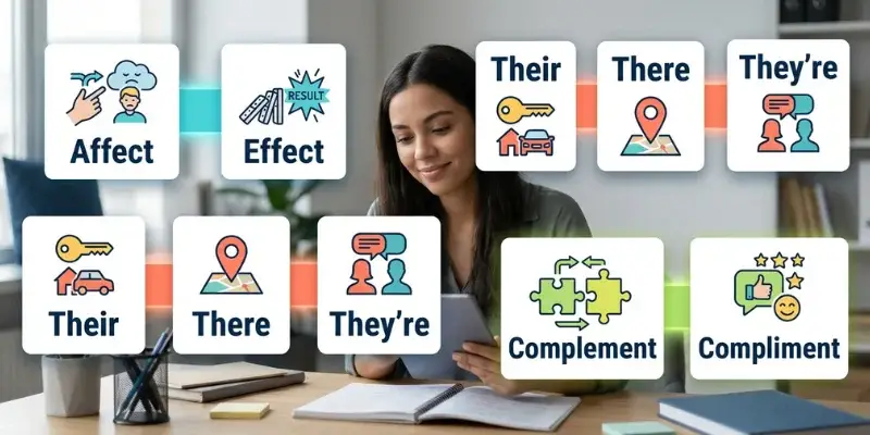 Common English homophones such as their, there, they're, affect, effect, complement, and compliment