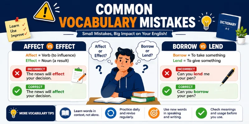 English Vocabulary Development: A Practical Guide For Learners Educational infographic showing common English vocabulary mistakes and correct word usage examples.