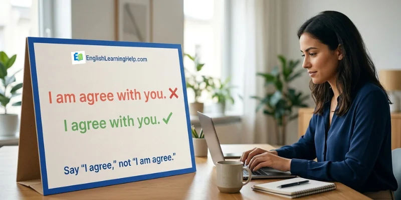 Student proofreading an email and correcting the sentence “I am agree with you” to “I agree with you”