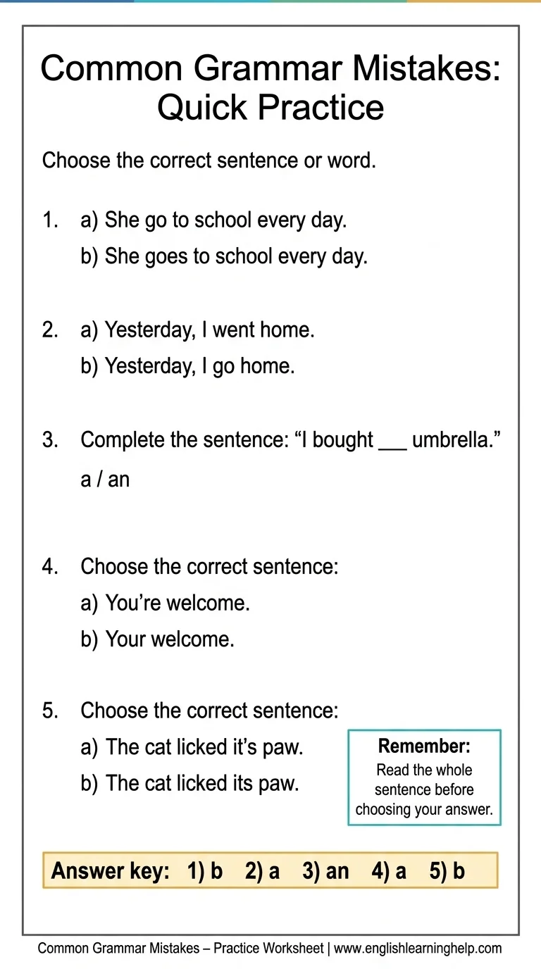 Printable grammar worksheet with five questions and an answer key for common English grammar mistakes
