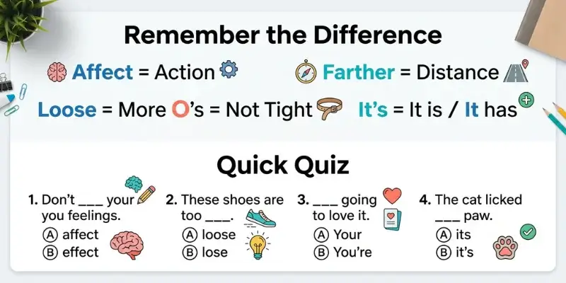English vocabulary practice quiz with memory tricks for affect, farther, loose, its, and other confusing words