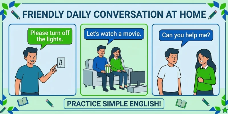 a friendly daily conversation scene showing people at home using simple English sentences.