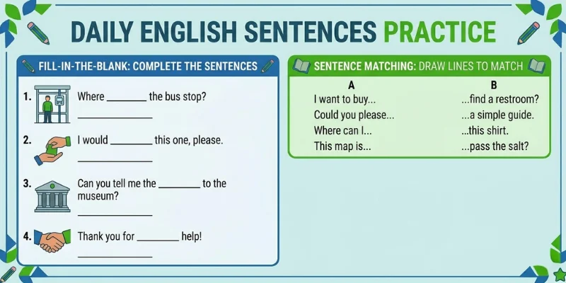 worksheet titled “Daily English Sentences Practice.” Include sections like fill-in-the-blank, sentence matching, and speaking practice