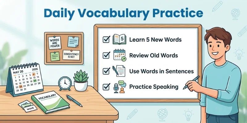 English Vocabulary Development: A Practical Guide For Learners Checklist infographic showing daily English vocabulary practice activities for long-term vocabulary improvement.