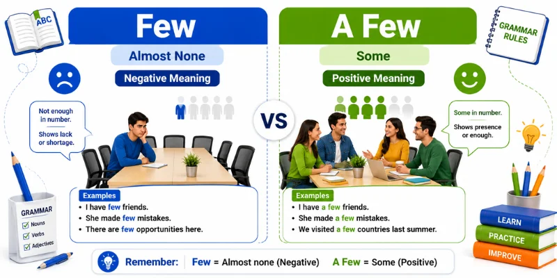 Educational infographic comparing Few and A Few with positive and negative meanings, countable nouns, and visual examples.