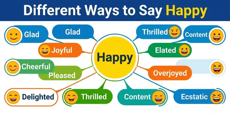 Vocabulary infographic showing happy and its common English synonyms with meanings and emotions.