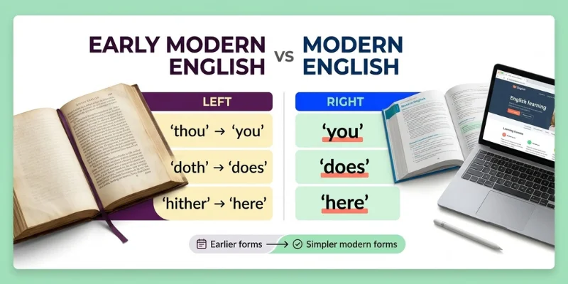 Modern English: A Complete Guide To Its Definition, History, Features, And Evolution With Examples Early Modern English vs Modern English comparison showing older and modern word forms