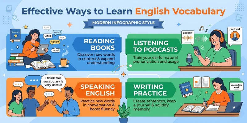 English Vocabulary Development: A Practical Guide For Learners Educational infographic showing reading, listening, speaking, and writing methods for improving English vocabulary.