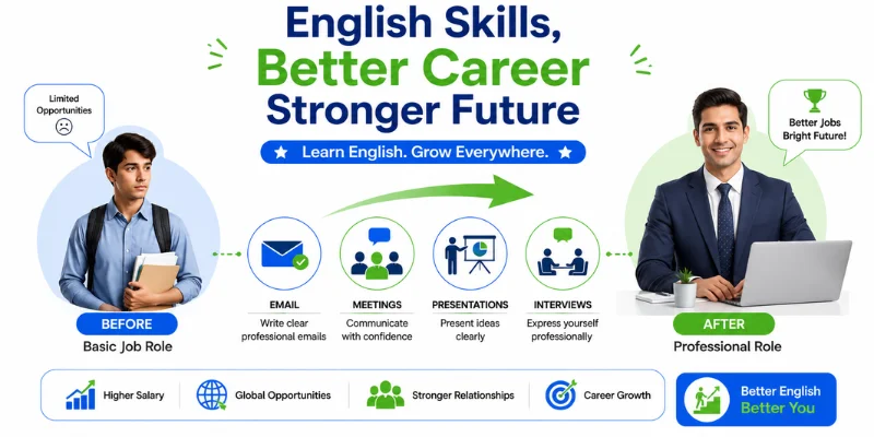 Professional illustration showing career growth through English skills with email, meetings, presentations, interviews, and office work.