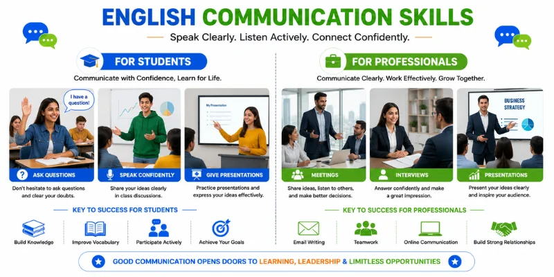 Illustration showing students presenting in class and professionals communicating confidently during meetings and interviews.