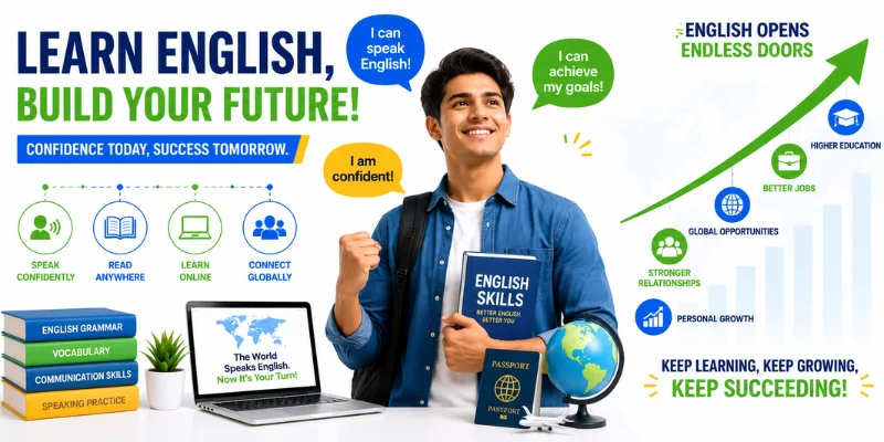 Motivational illustration showing a confident English learner with books, laptop, passport, speech bubbles, and growth icons. 