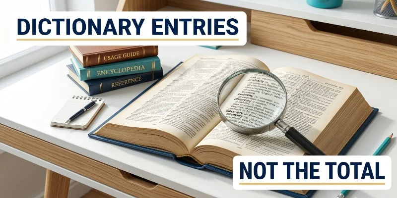 Magnifying glass over an open dictionary, illustrating how dictionaries record English word entries.