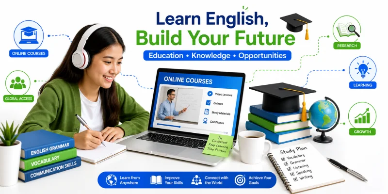 Illustration of a student learning English online with a laptop, books, online courses, and study materials.