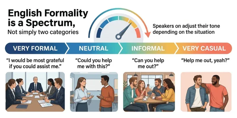 English formality spectrum from very formal to neutral, informal, and very casual