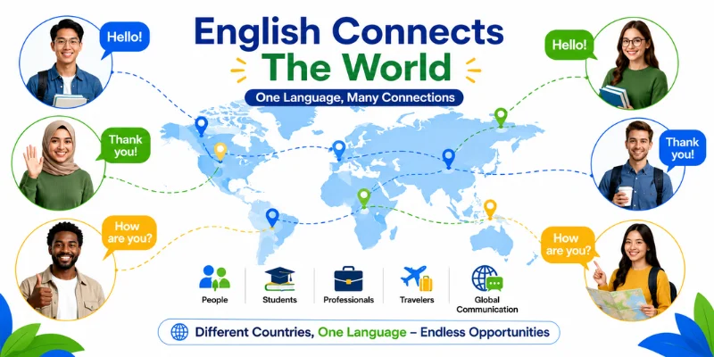 Educational infographic showing people from different countries connected through English with a world map and speech bubbles.