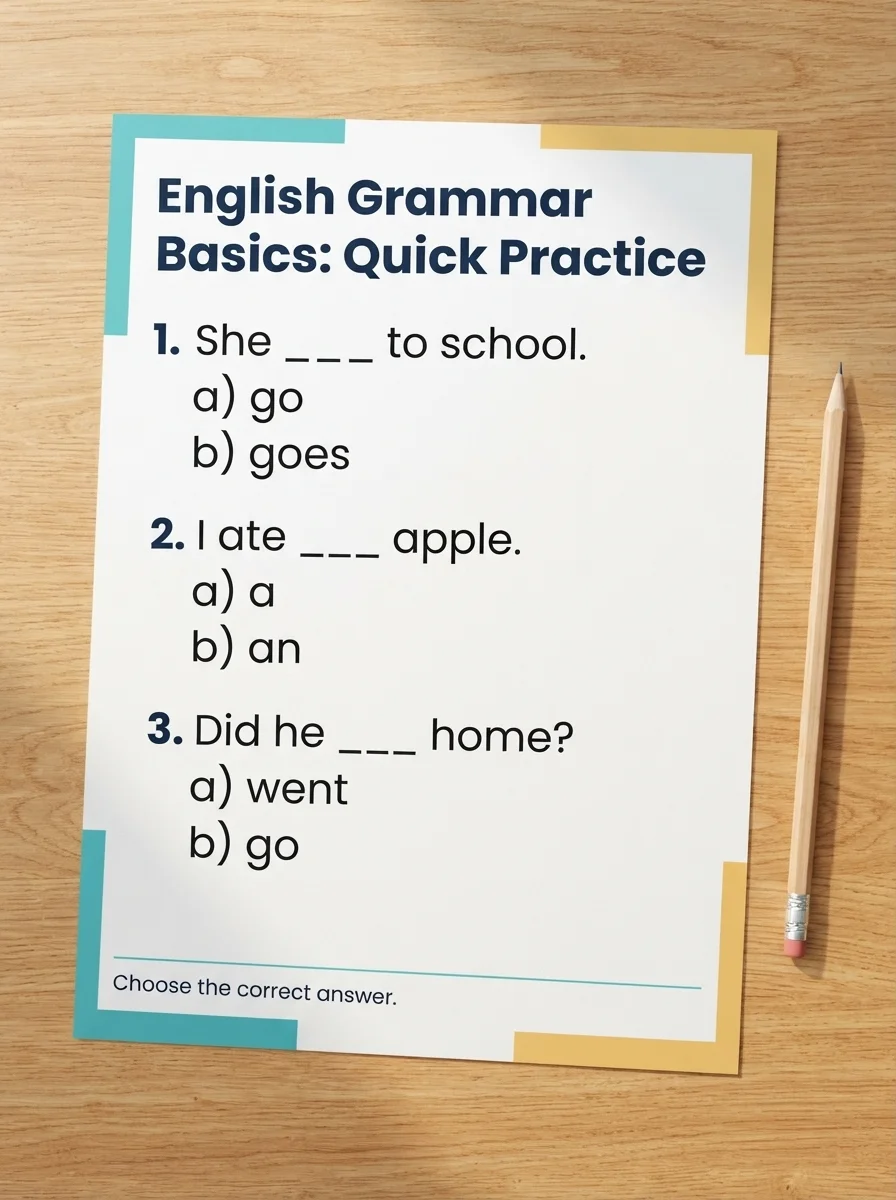 English grammar basics worksheet with three beginner multiple-choice questions
