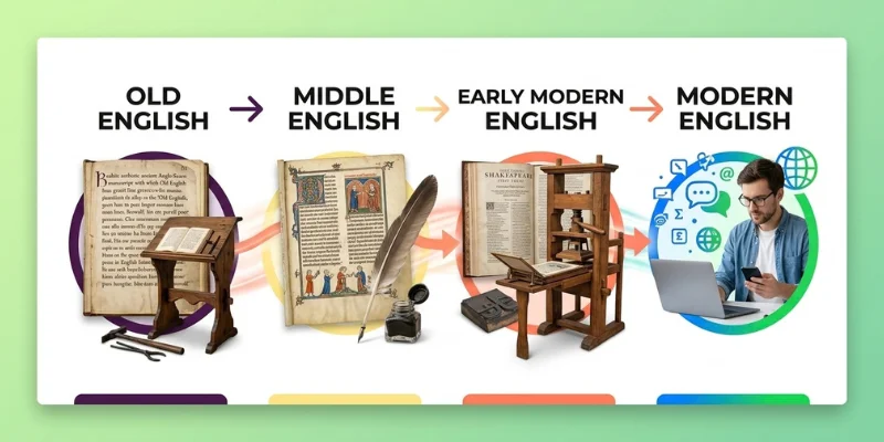 Modern English: A Complete Guide To Its Definition, History, Features, And Evolution With Examples English language evolution from Old English and Middle English to Modern English