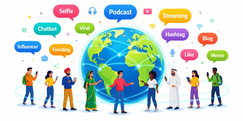 History Of The English Language: The Story Behind The Words You Use Every Day A colorful globe with speech bubbles showing modern
English words like selfie podcast and streaming
representing how English keeps growing worldwide.