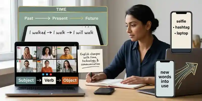 Features Of The English Language Explained: Learn Faster And Smarter English language features showing tense patterns, global communication, and new vocabulary