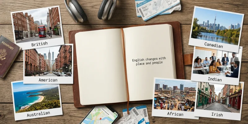 English language varieties around the world including British, American, Australian, Canadian, Indian, African, and Irish English