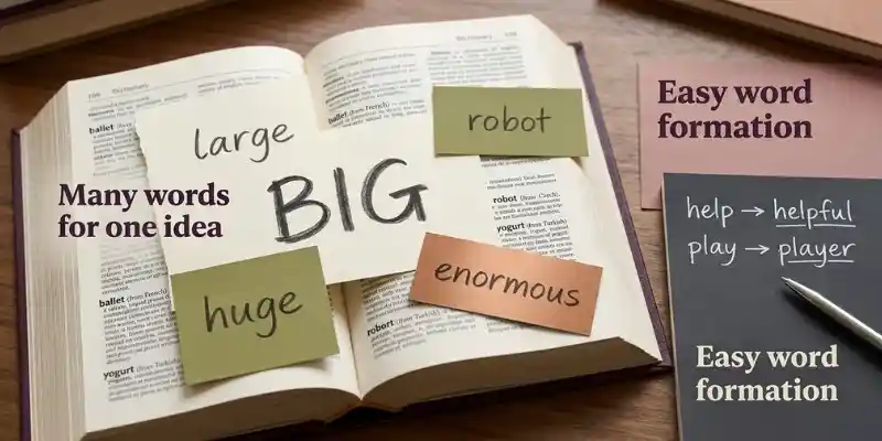 Features Of The English Language Explained: Learn Faster And Smarter English language vocabulary showing synonyms, word formation, and borrowed words