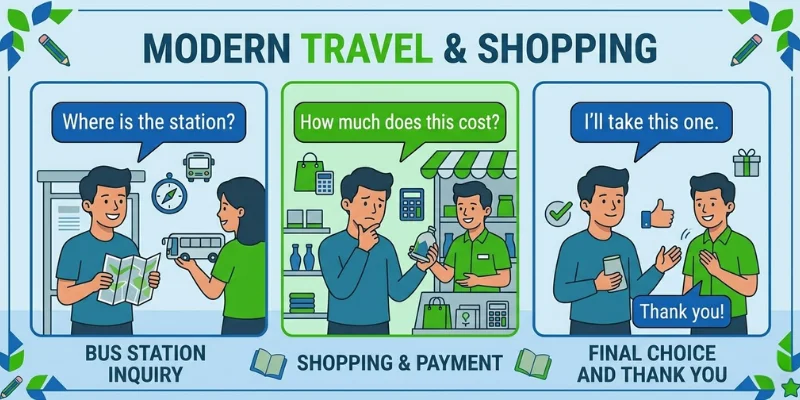 a simple travel and shopping scene with a person asking questions. Add speech bubbles with phrases like How much does this cost?, Where is the station?, I’ll take this one.