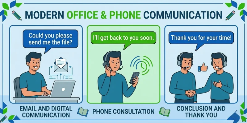 a simple office and phone communication scene. Show a person working on a laptop and making a call.